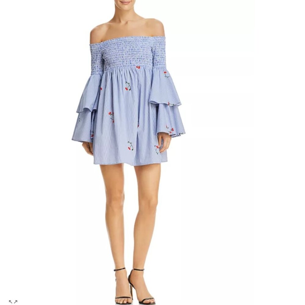 AQUA Striped Poplin Off-the-Shoulder Ruffle Sleeve Dress, blue white, sz small